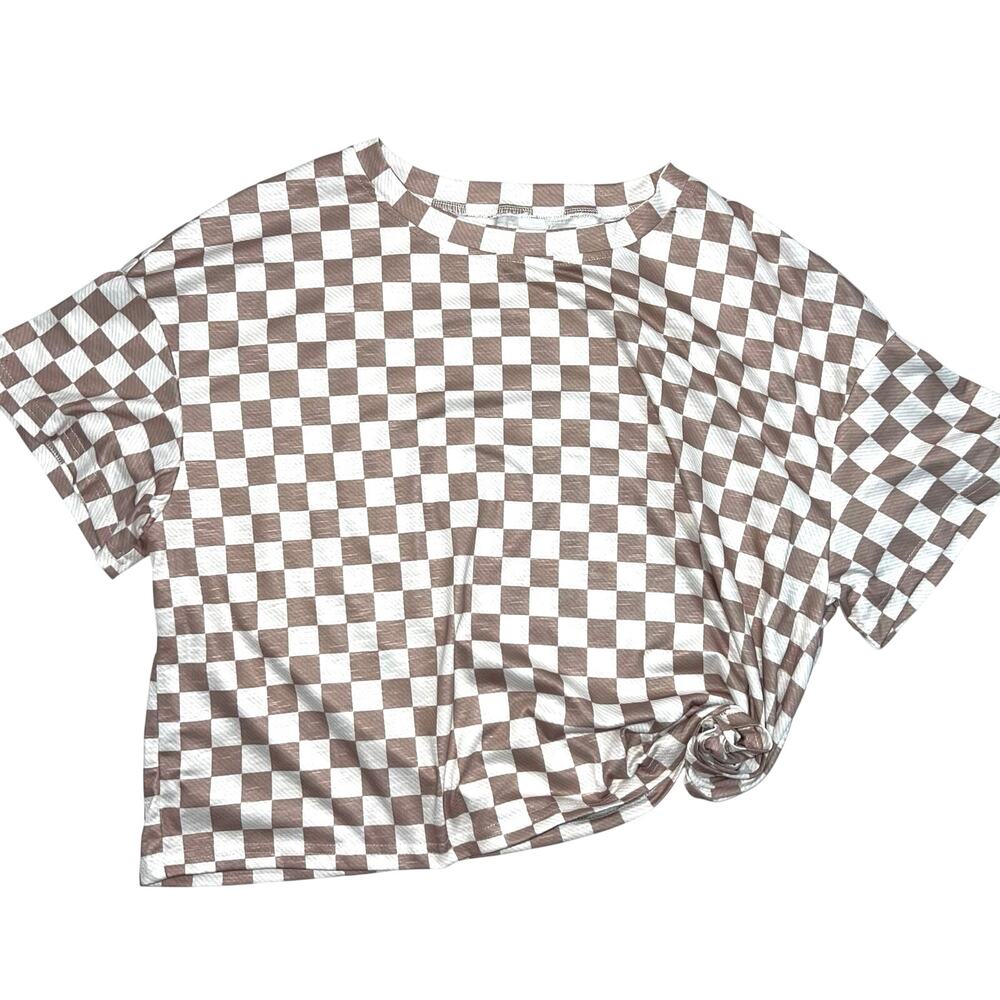 NWOT Tan White Checkerboard Short Sleeve Crew Neck Cropped T-Shirt Size XL